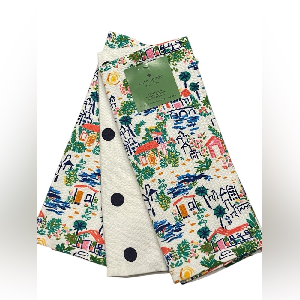 KATE SPADE Set of Three 100% Cotton Kitchen Towels Villages and Polka Dots